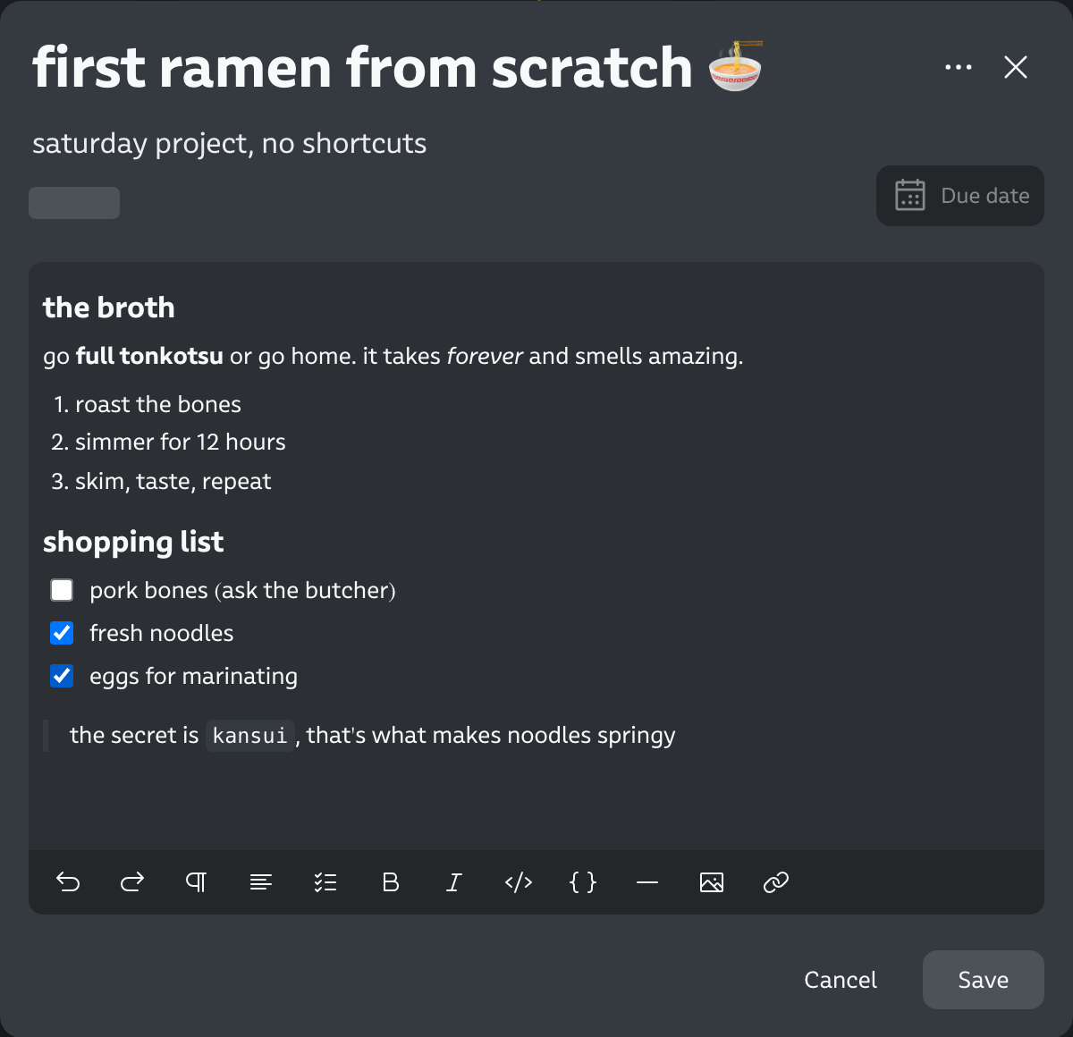 a ramen recipe card showing headings, bold and italic text, numbered steps, a checklist and a quote with inline code