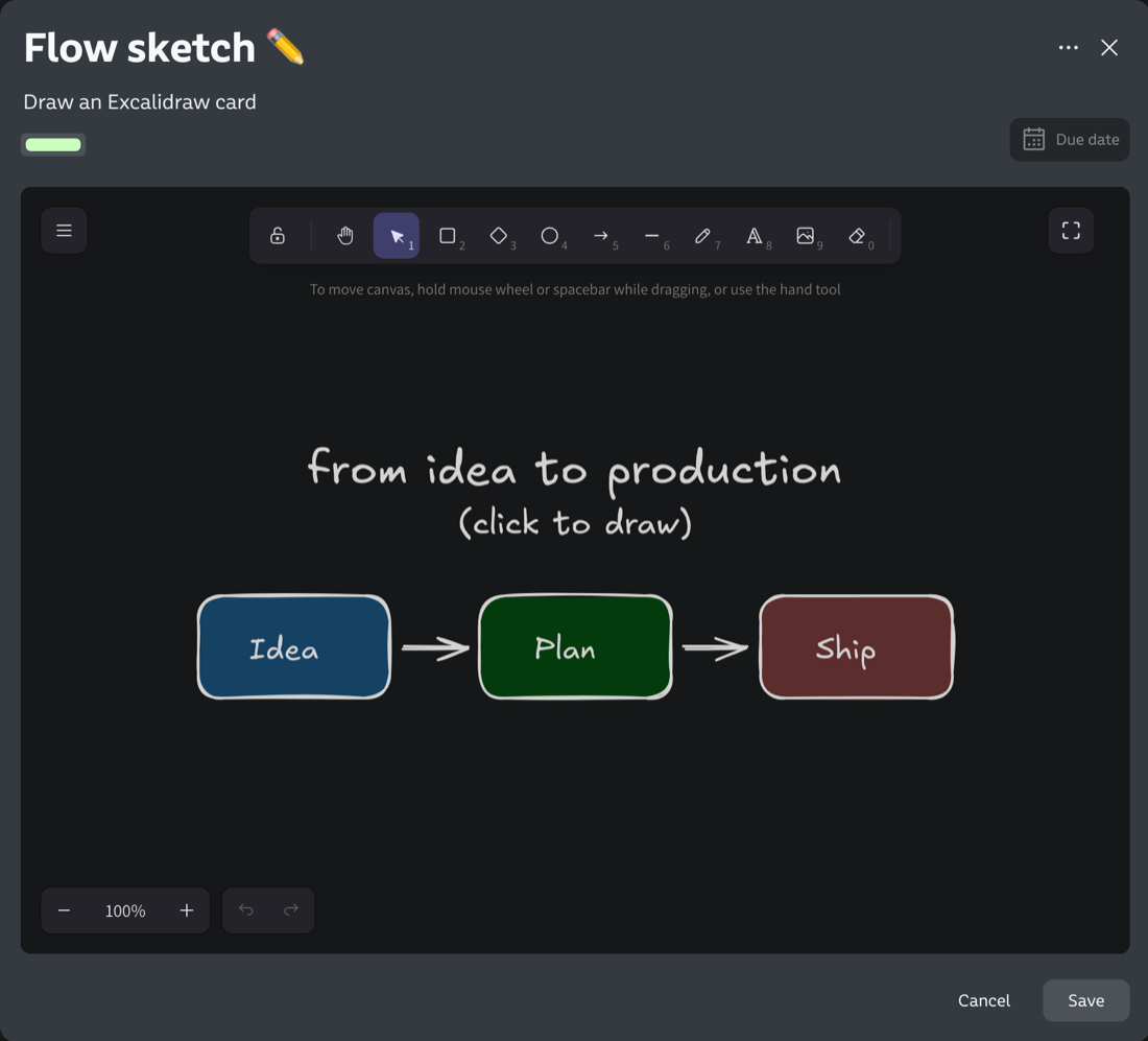 the excalidraw canvas inside a tapmytab card, sketching a flow from idea to production