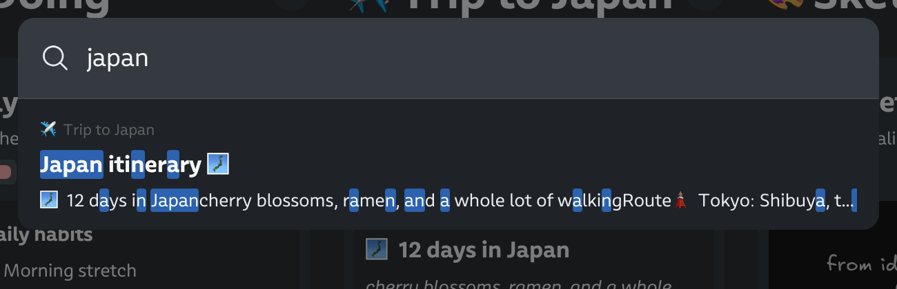 the fuzzy search popup finding the Japan itinerary card